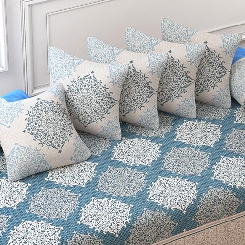 Image of FRESH FROM LOOM Cotton Reversible Diwan Set Blue - 1 Single Bedsheet with 2 Bolster Covers and 5 Cushion Covers (8pc Set)