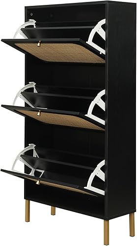 Miniatura 5 de ZeHuoGe Zapatero de ratán natural con 3 cajones abatibles, armario de almacenamiento estrecho negro con patas de metal para tacones, zapatillas,