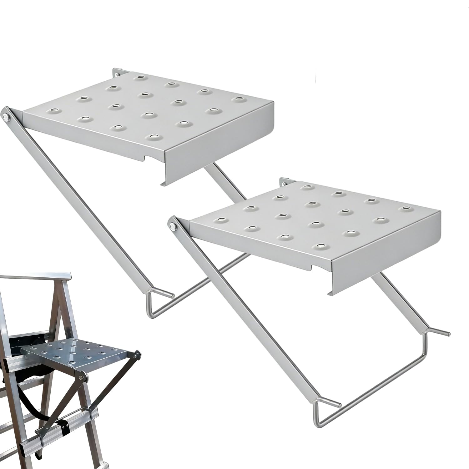 2 Stück Leiter-Arbeitsplattform,Zubehör für Arbeitsablage,Einhängetritt,Abstellpodest,Hält 150kg,für Maler und Werkzeuge,Silber