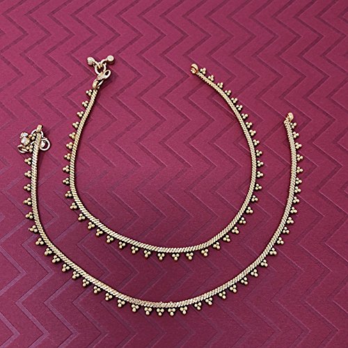 Image of Duel On Jewel Gold Payal Set for Women, Indian Paayal Jhanjar Chain Anklets with Bell Detail, Foot Jewelry Pair, 10 Inch Comfort Fit, Traditional & Dainty Styles for Wedding Beach Everyday Gift