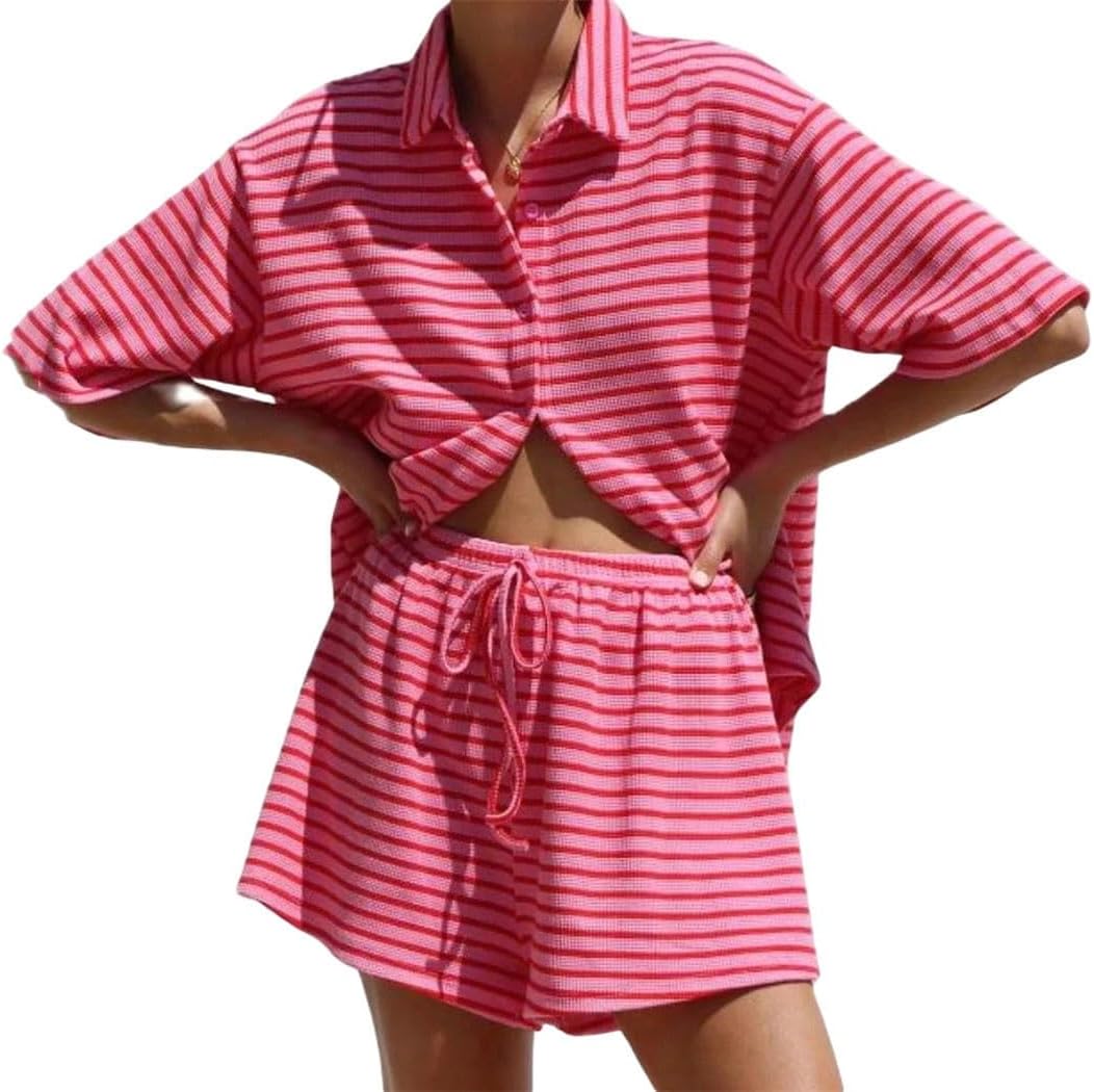 Women Summer Casual Loose Striped Button Down Short Sleeve Shirt Shorts Holiday Beach Two Piece Set