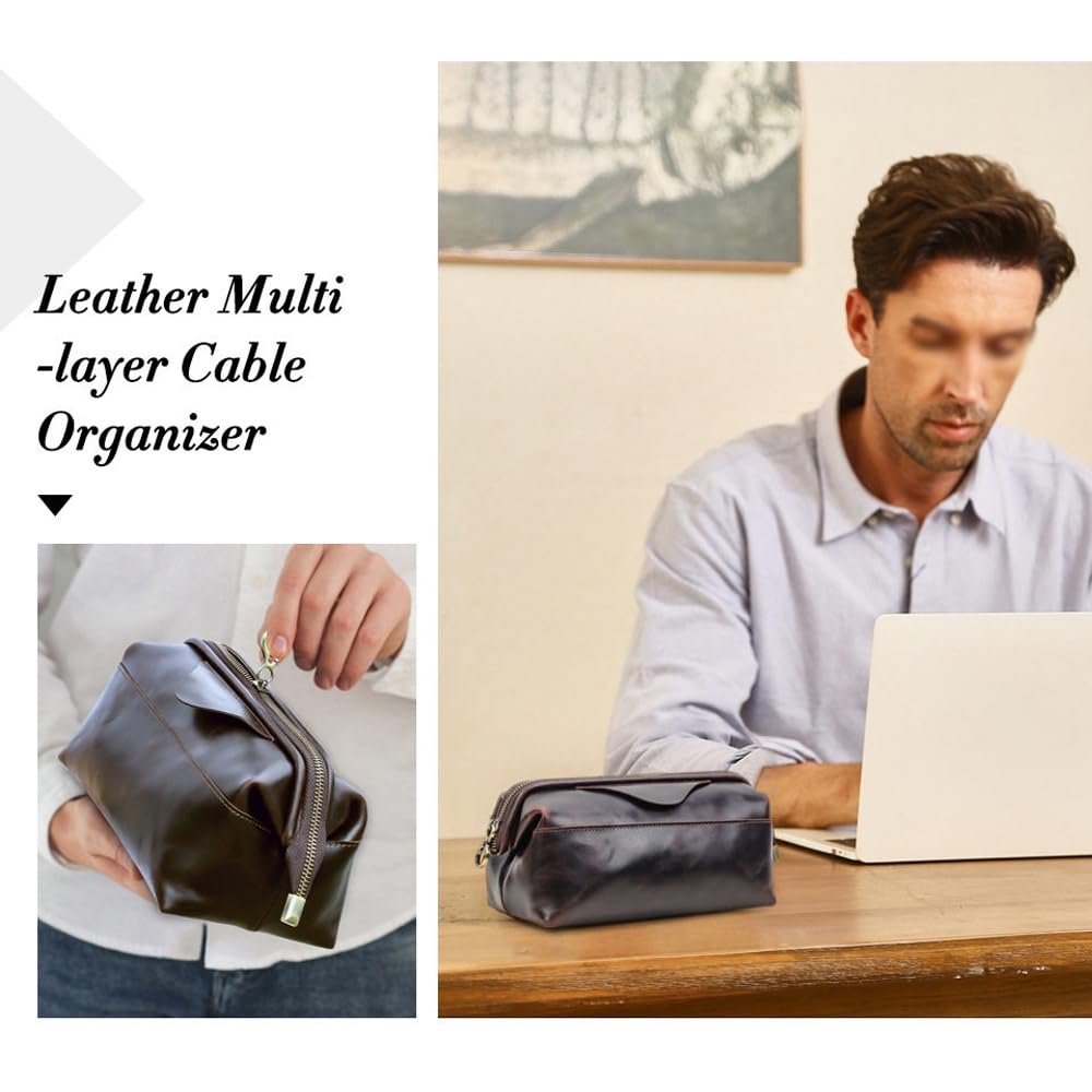 Estuche Organizador de Cuero for Dispositivos electrónicos de Viaje, Bolsa de Transporte for Almacenamiento de Cables con Cremalleras, Bolsa tecnológica(Brown)