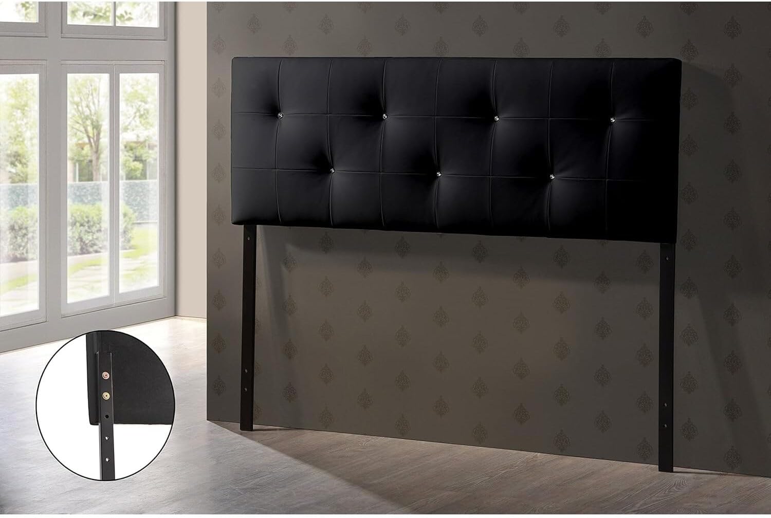 HomeStock Artistic Accomplishment Modern and Contemporary Queen Black Faux Leather Headboard with Faux Crystal Buttons Black/King