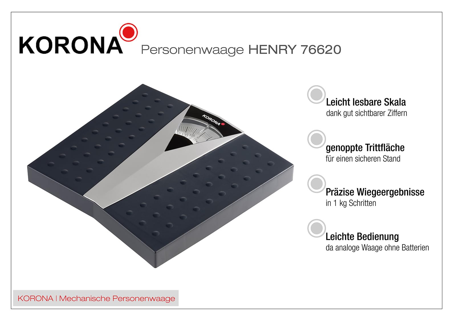Korona 76620 Mechanische Personenwaage Henry in Grau - Präzise Körperwaage für Personen bis zu 130 kg - Analoge Waage