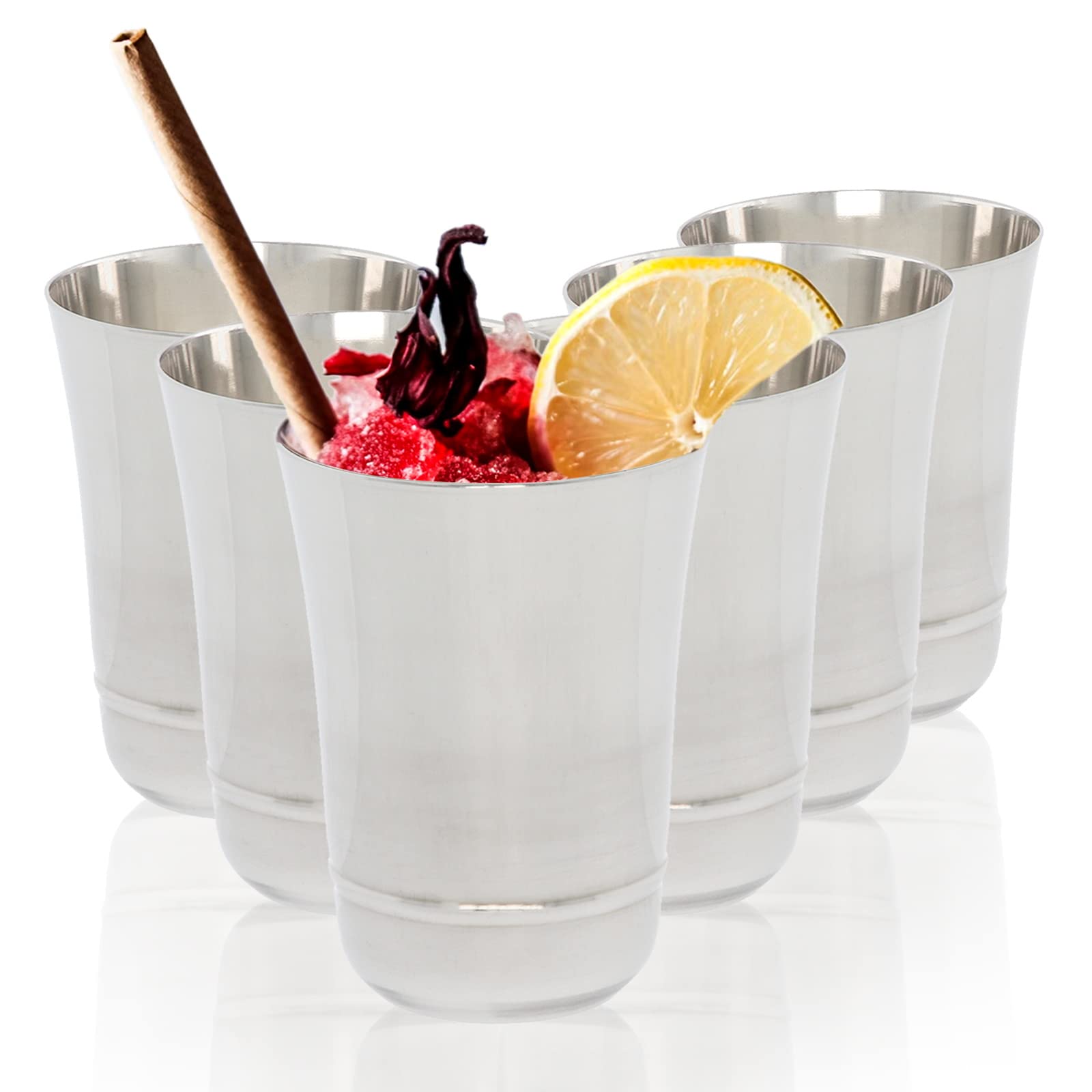 Stainless Steel Cups Drinking Glasses Set of 6 Metal Reusable Tumbler Unbreakable Shatterproof Cocktail Wine Beer Water Juice Iced Coffee Party Travel Camping Outdoor (Plain Flower - 320ml)