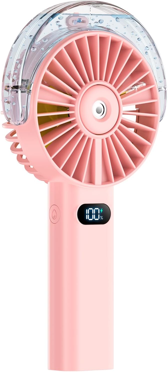 Otlonpe Handheld Misting Fan Portable, 4000mAh Rechargeable Battery Powered, Small Personal Mister Fan with Water Spray Cooling, 4-Speed Wind, LED Display, Hand Held Mist Fans (Pink)