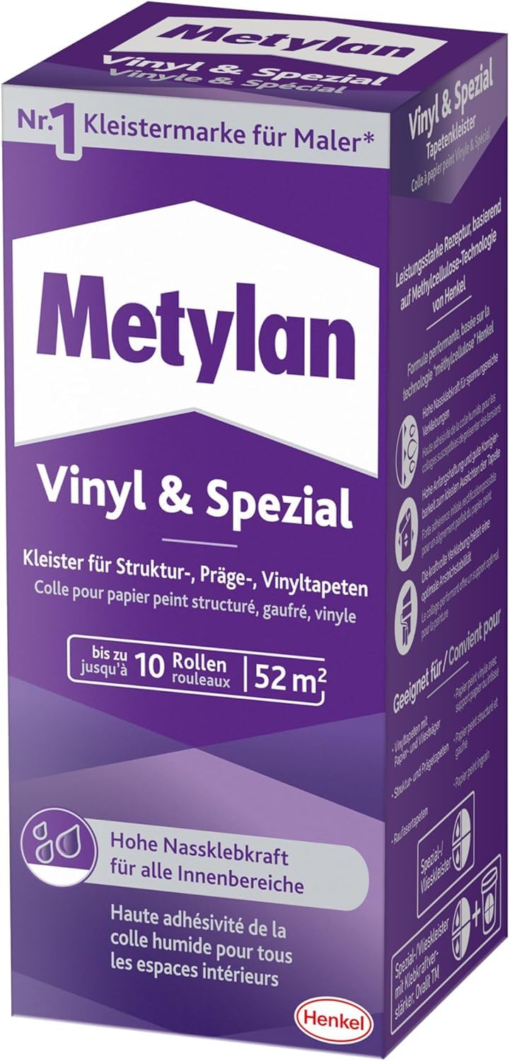 Metylan Vinyl & Spezial, starker Tapetenkleister in Pulverform für schwere Präge- und Vinyltapeten, leicht zu verarbeitender Kleister für den Innenbereich, transparent, 1x360g