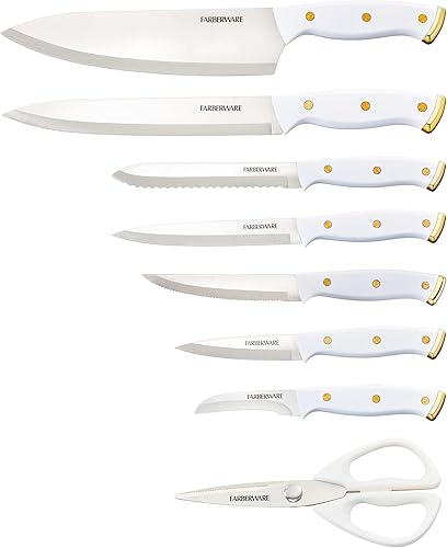 Miniatura 2 de Farberware Juego de bloques de cuchillos con triple remache, 14 piezas, blanco y dorado