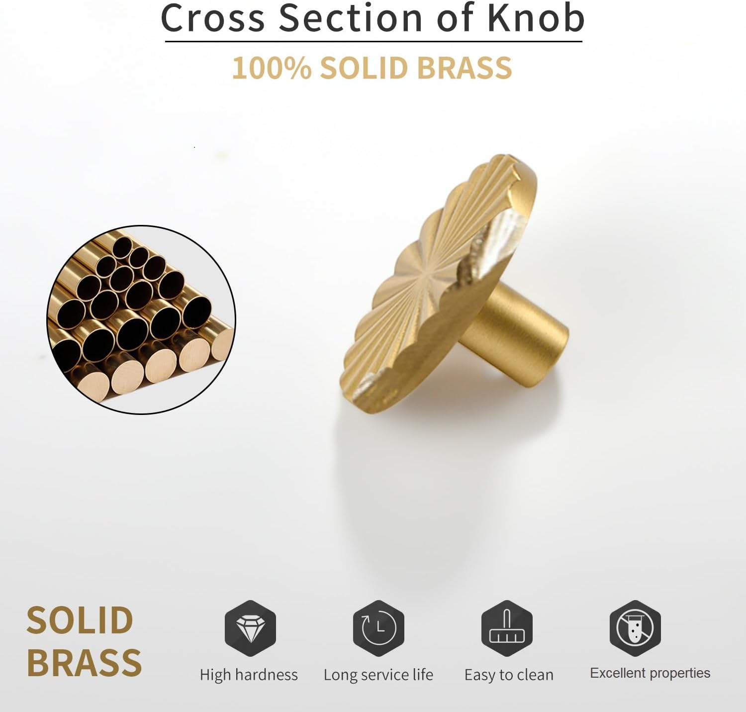 Solid Brass Cabinet Knobs 5 Pack – Brushed Gold Drawer Pulls for Kitchen, Closet, Bathroom & Dresser, Decorative Round Hardware for Cabinets, Wardrobes, Furniture with Screws Included