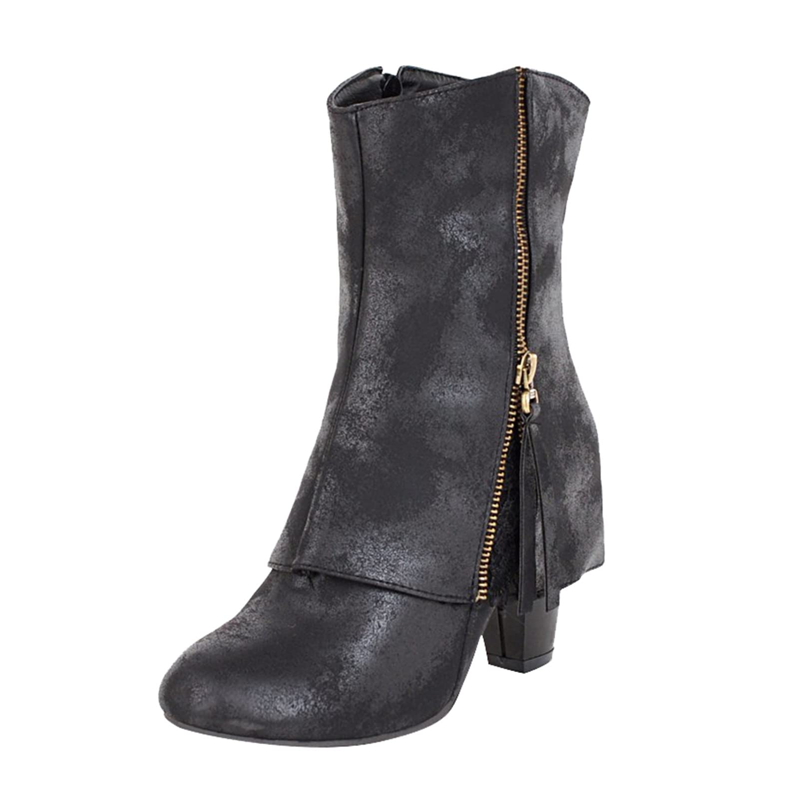 Women Vintage Mid Calf Boots Fold Over Leather Wide Calf Side Zipper Lace Lining Chunky Block High Heels