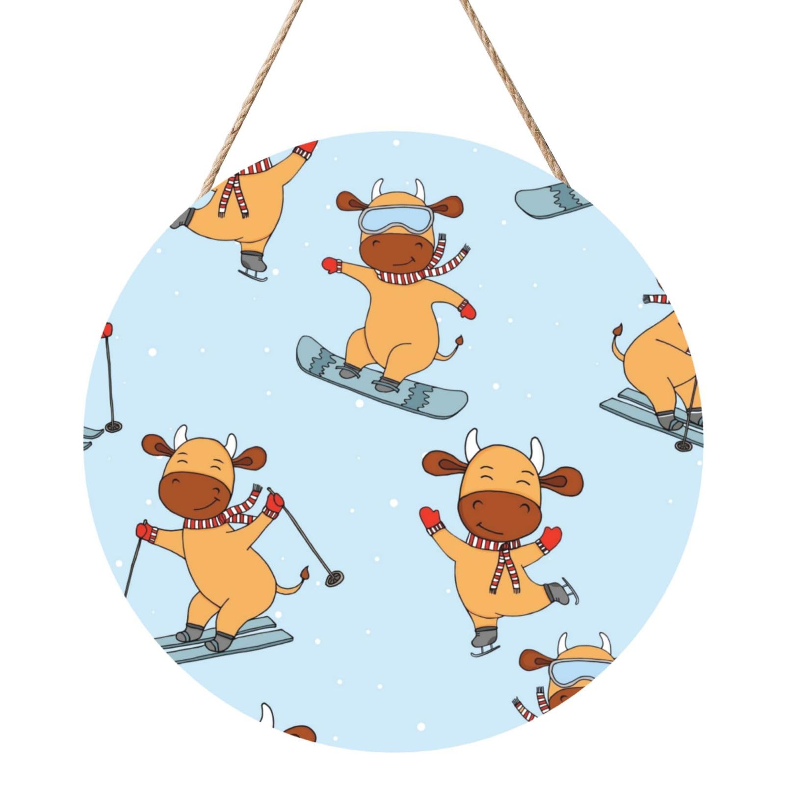 InOmak Funny Cows Skiing, Round Wood Panel Painting 12 in, Wall Hanging Painting For Home