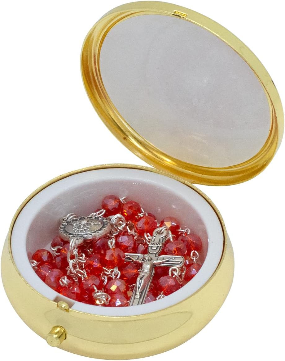Holy Spirit Rosary Case with Dove Design | Red Glass Bead 17 Inch Rosary | Confirmation or OCIA Gift | Made in Italy