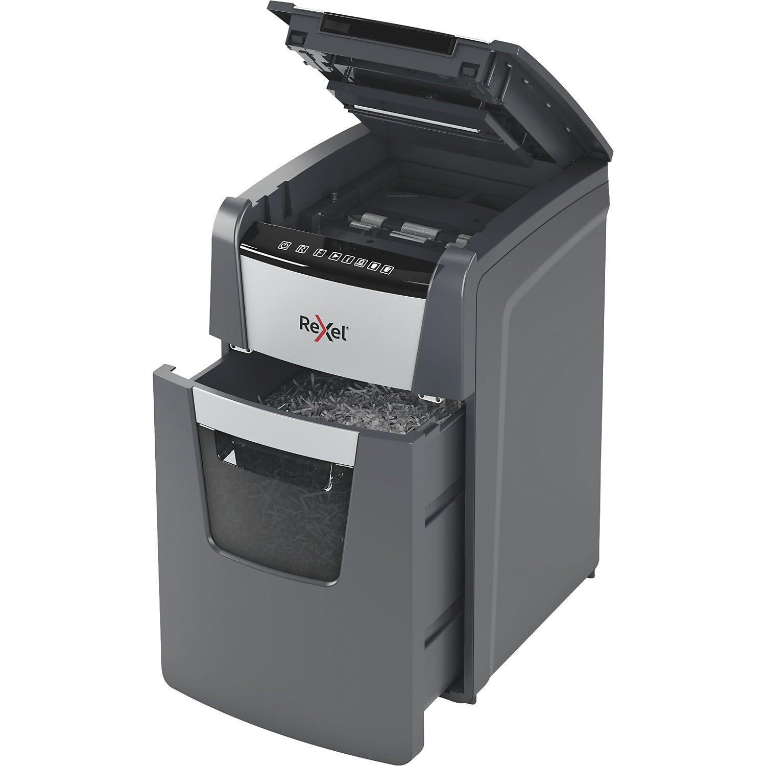 Rexel Optimum AutoFeed+ 130X Distruggidocumenti automatico CH, 130 fogli, livello di sicurezza P4, taglio a particelle, per piccoli uffici, contenitore per rifiuti da 44 litri, con spina di