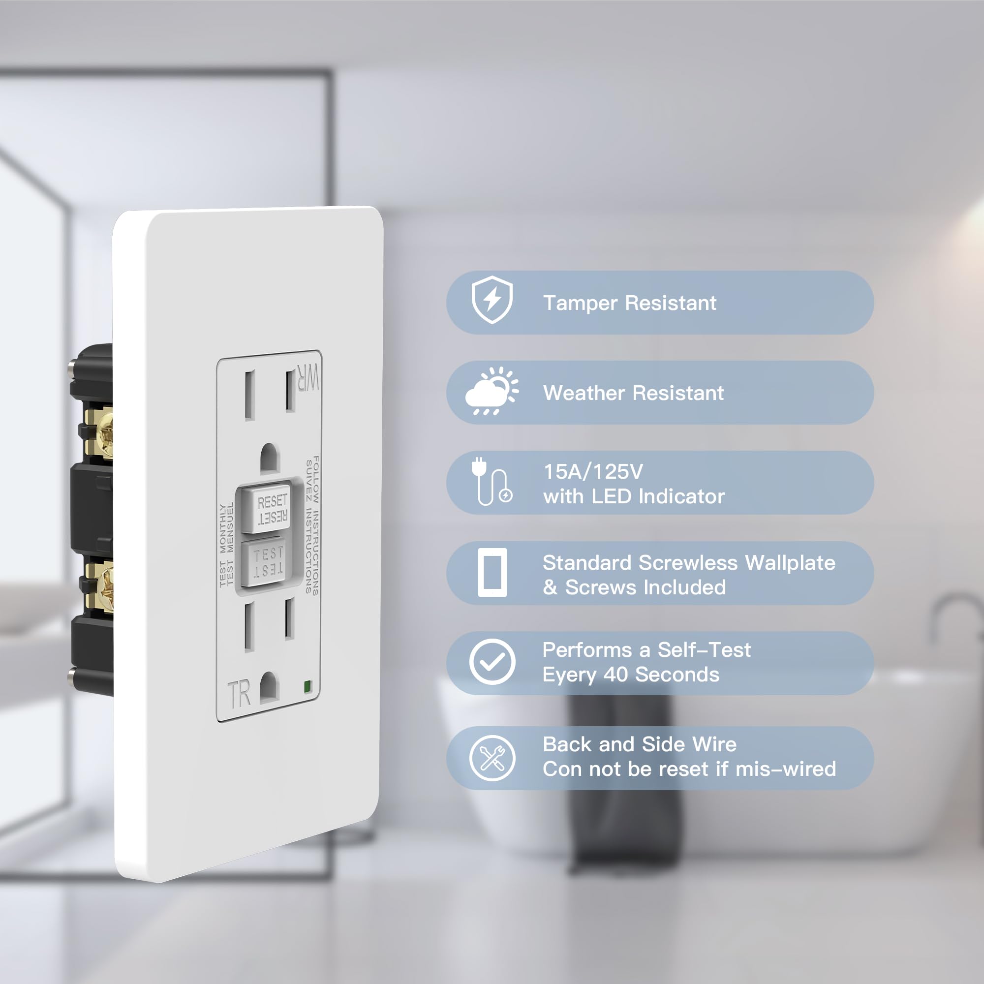 ThunderWay GFCI Outlet 15 Amp, LED Indicator, Tamper-Resistant