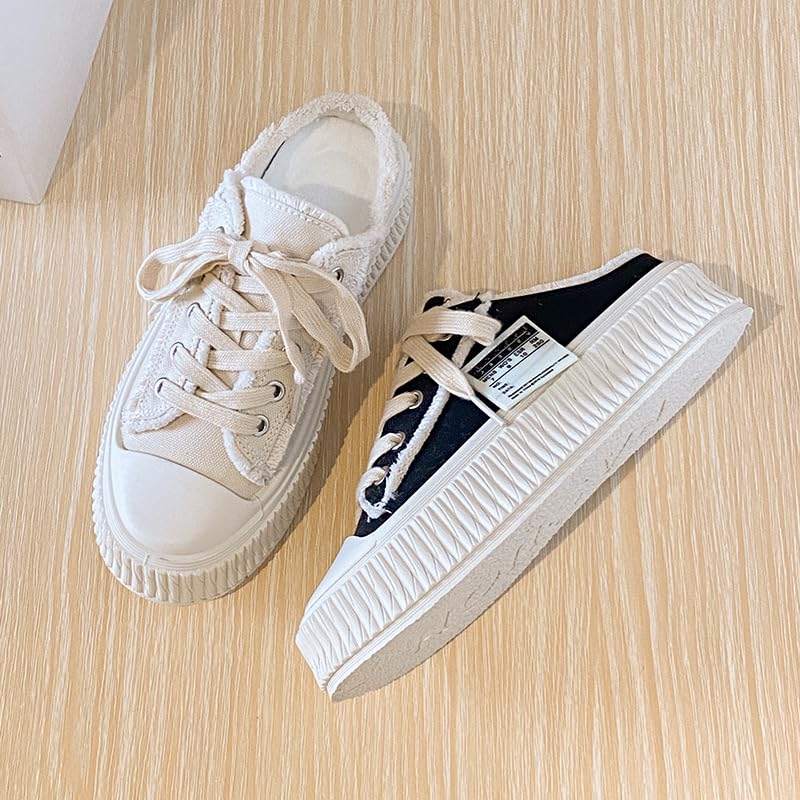 Mule Tennis Shoes for Women Canvas Slip on Sneakers Women Cute Breathable Slide on Lace Up Walking Shoes Backless Sports Pumps for Girls Daily Wear Back to School Summer Outdoors Beach Office Rave3