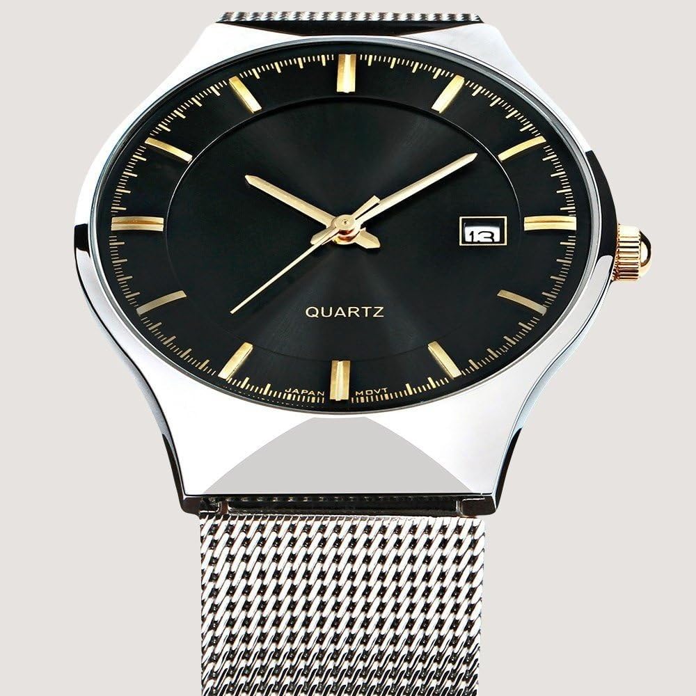 Herrenuhr, ultradünnes Edelstahl-Mesh-Band, modische Armbanduhr mit Datumsanzeige, wasserdicht, elegante Geschenkbox
