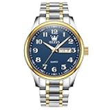 Men's Casual Stainless Steel Watch, Big Face Easy to Read Analog Quartz Watch with Day and Date, Classic Waterproof Diamond Roman Arabic Numerals Dial Dress Watch for Men, Gold Silver Black Band