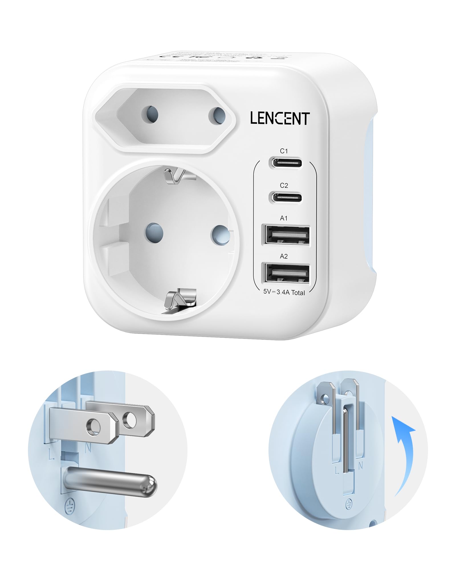 LENCENT Klappbarer Reiseadapter USA Deutschland Stecker, Netzadapter Typ B, Reisestecker mit 2 USB-C 2 USB-A Anschlüße, Adapter für American, Mexiko, Kanada, Thailand, Costa Rica Steckdosen