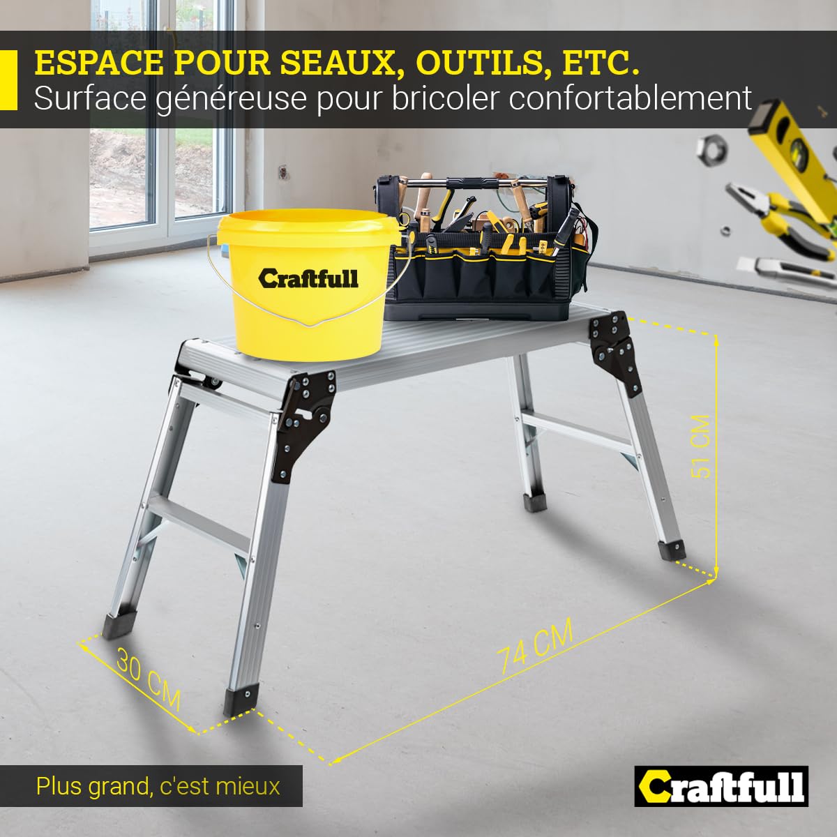 Craftfull Plateforme de Travail CF-107A | Échafaudage de 3 étapes - Échelle en Aluminium - Pliable - Jusqu'à 150 kg - Plateforme de Travail avec échafaudage - Escabeau - Établi