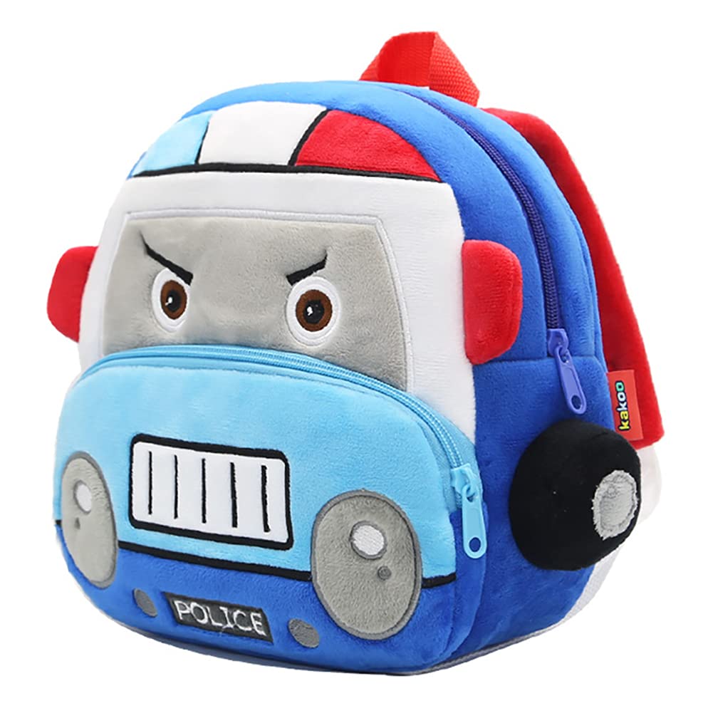 Lazeny Kids Backpack Cartoon Car School Bag Cute Plush Rucksack Kindergarten Preschool Nursery Backpack Toddler Children Schoolbag Primary Book Bag for Boys Girls 2-6 Years Old (Blue Police Car)