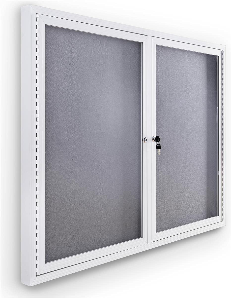 Displays2go 4' x 3' Enclosed Message Board, Sliding Doors, Locking, Gray Fabric - White (FBSW43WHLG)