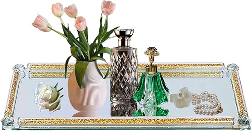 Miniatura 12 de Bandeja de vidrio de cristal, bandeja de maquillaje y perfume de espejo plateado con diamante triturado de 11.8" x 7.9", bandejas de joyería