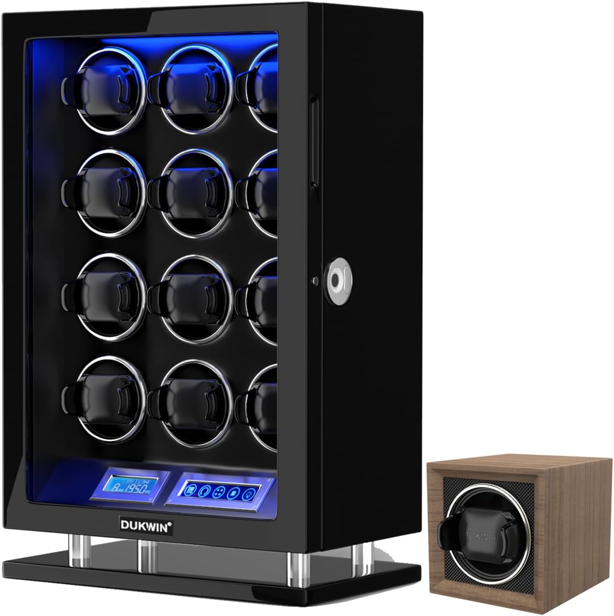 DUKWIN Fingerprint Lock Watch Winders with LCD Touchscreen and Wood Color Single Watch Winder