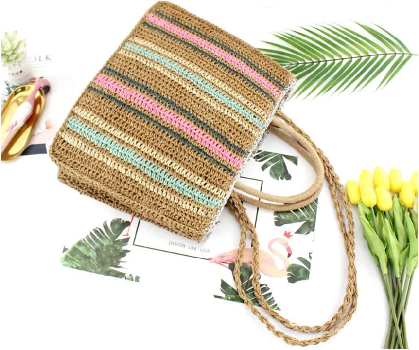 Fashion Women Straw Zipper Tote Bag Summer Beach Colorful Shoulder Bag with Woven Shoulder Strap