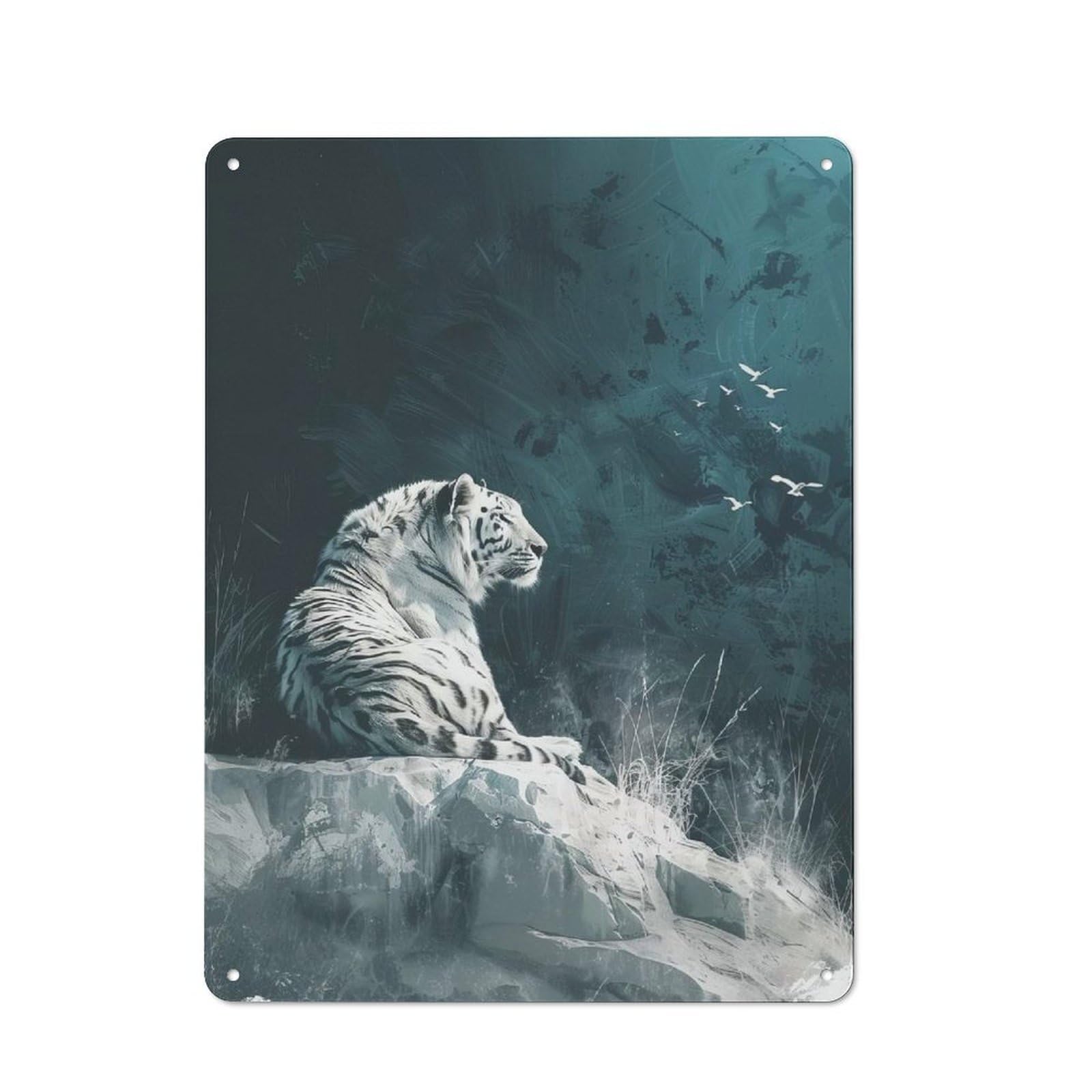 Junmoney White Tiger On Rock Metal Wall Sign 40X30cm Featuring For Garage Or Workshop, For Garage, Workshop And Man Cave Decoration
