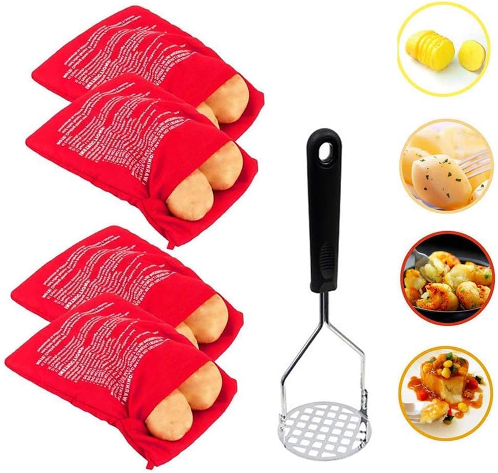 FarWarm 4 Pack Microwave Potato Bag Reusable Potato Baking Bag Potato Masher