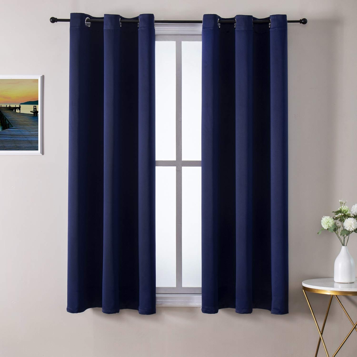 ChrisDowa Small Window Curtains 50 inches Long for Bedroom - Grommet Short Thermal Insulated Room Darkening Curtains for Kitchen (2 Panels, Navy Blue,