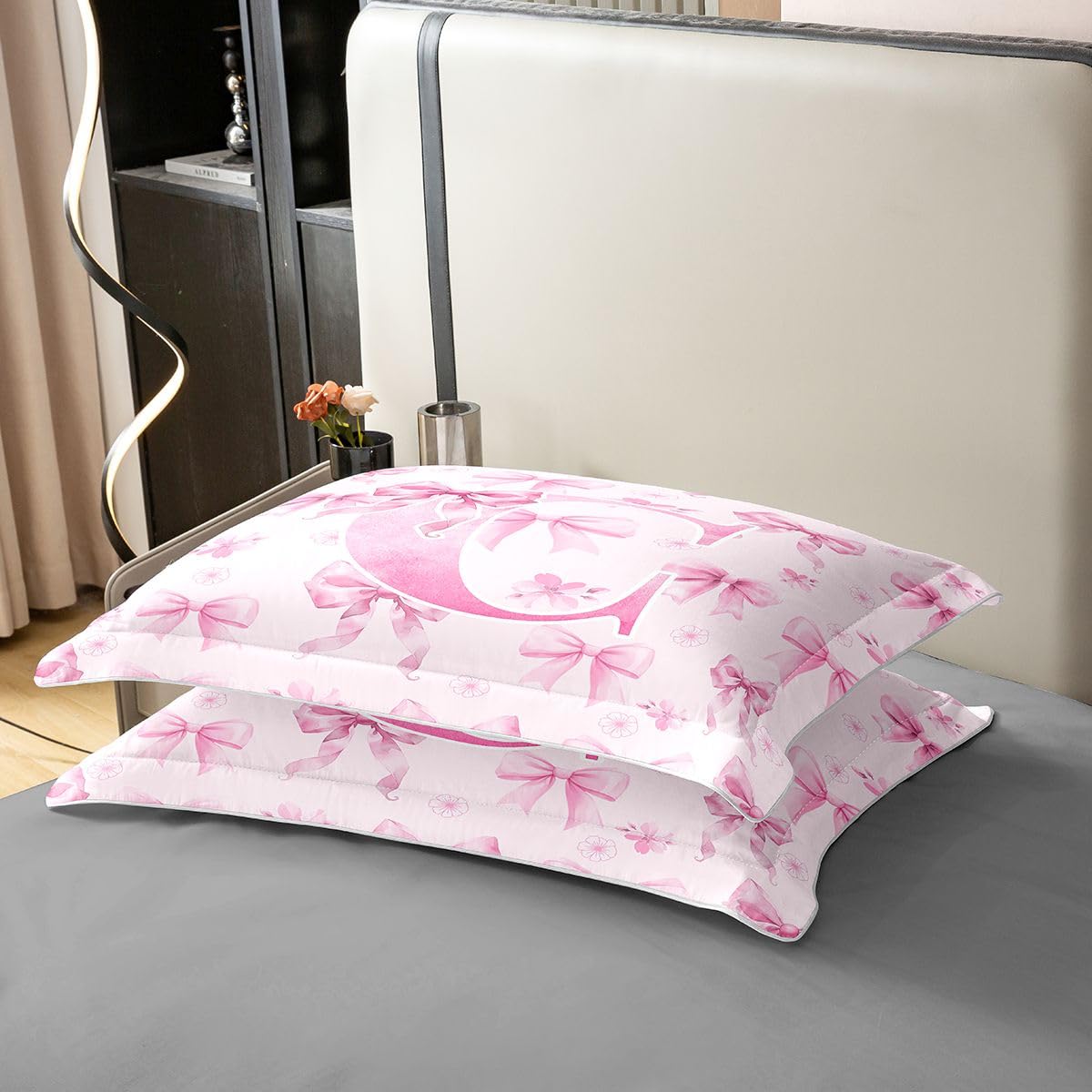 Homewish Początkowa kokarda litera C, akwarela kwiaty wiśni super king zestaw pościeli preppy monogram bawełna poszewka na kołdrę różowa kokardka poszewka na kołdrę zestawy pościeli