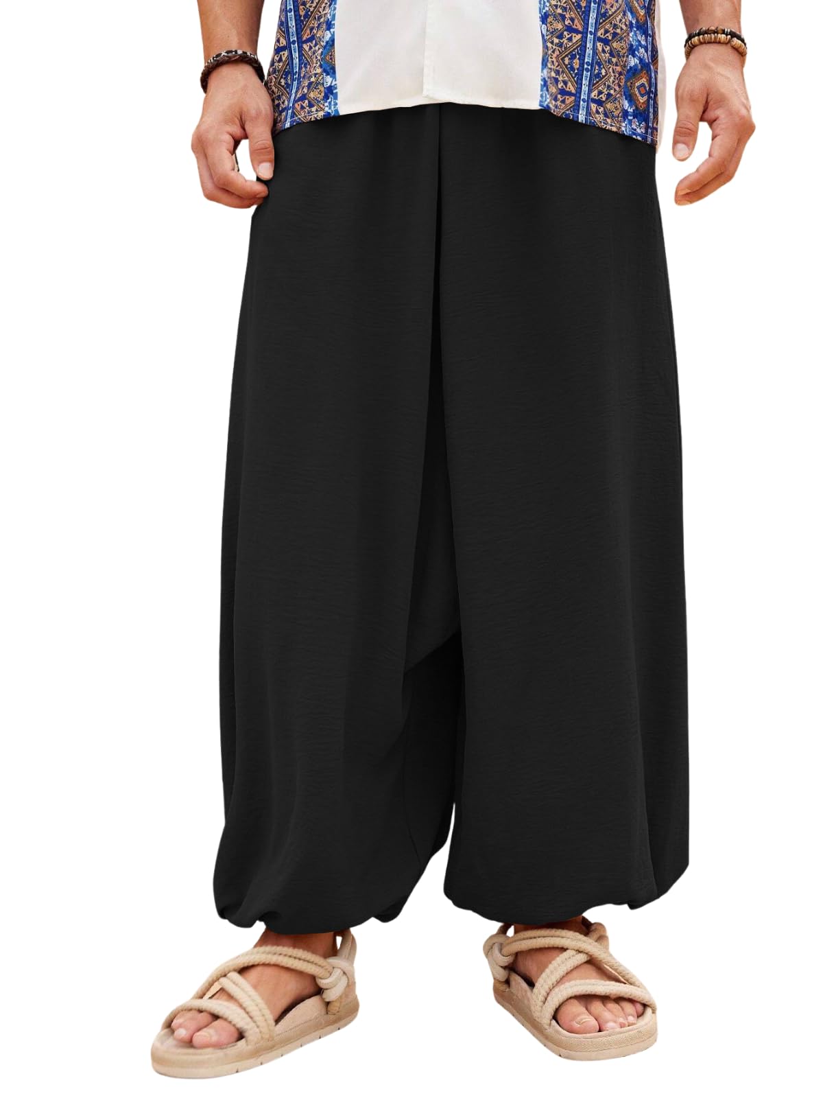 leriya fashion Men's Boho Hippie Harem Pants | Black Printed Wide-Leg Trousers | Koren Streetwear Loose Baggy Fit Summer Lounge Yoga Lowers | Men's Solid Cowl Dhoti Pants | Relaxed Fit Draped Harem-picture-48