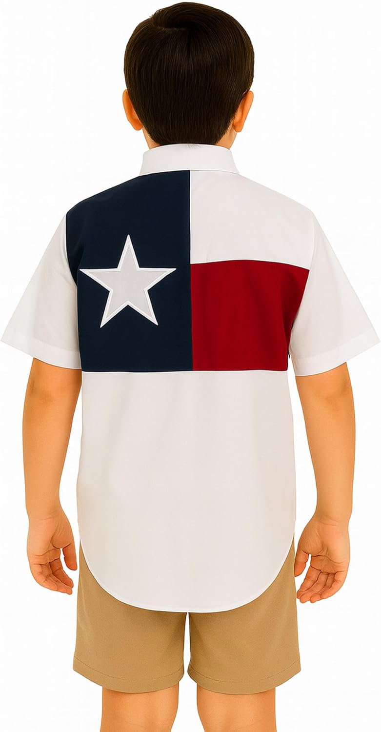 Kids Texas Flag Fishing Shirt Short Sleeve, Lightweight Button Down Outdoor Shirt for Boys and Girls