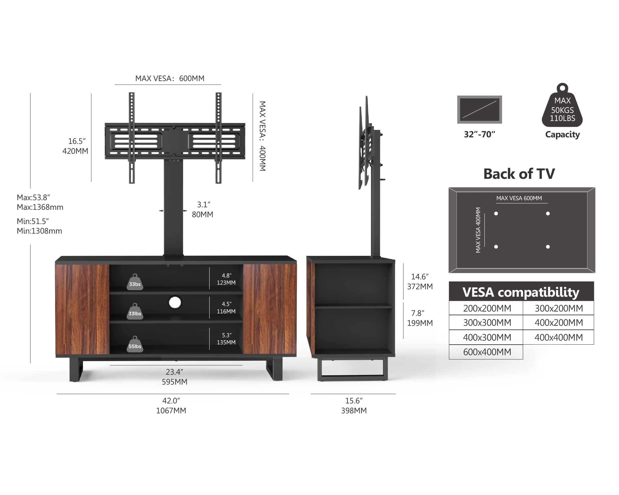 FITUEYES Mobile TV per 32-70 Pollici, Supporto TV da Pavimento con 2 Altezza & Ripiani in Legno, Max VESA 600x400mm