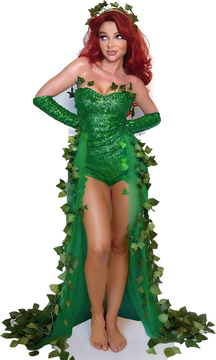 Fiacafyo Women Halloween Green Poison Ivy Costume Fake Leaves Sequin Dress Cosplay (C-Light Green, S) — image 1