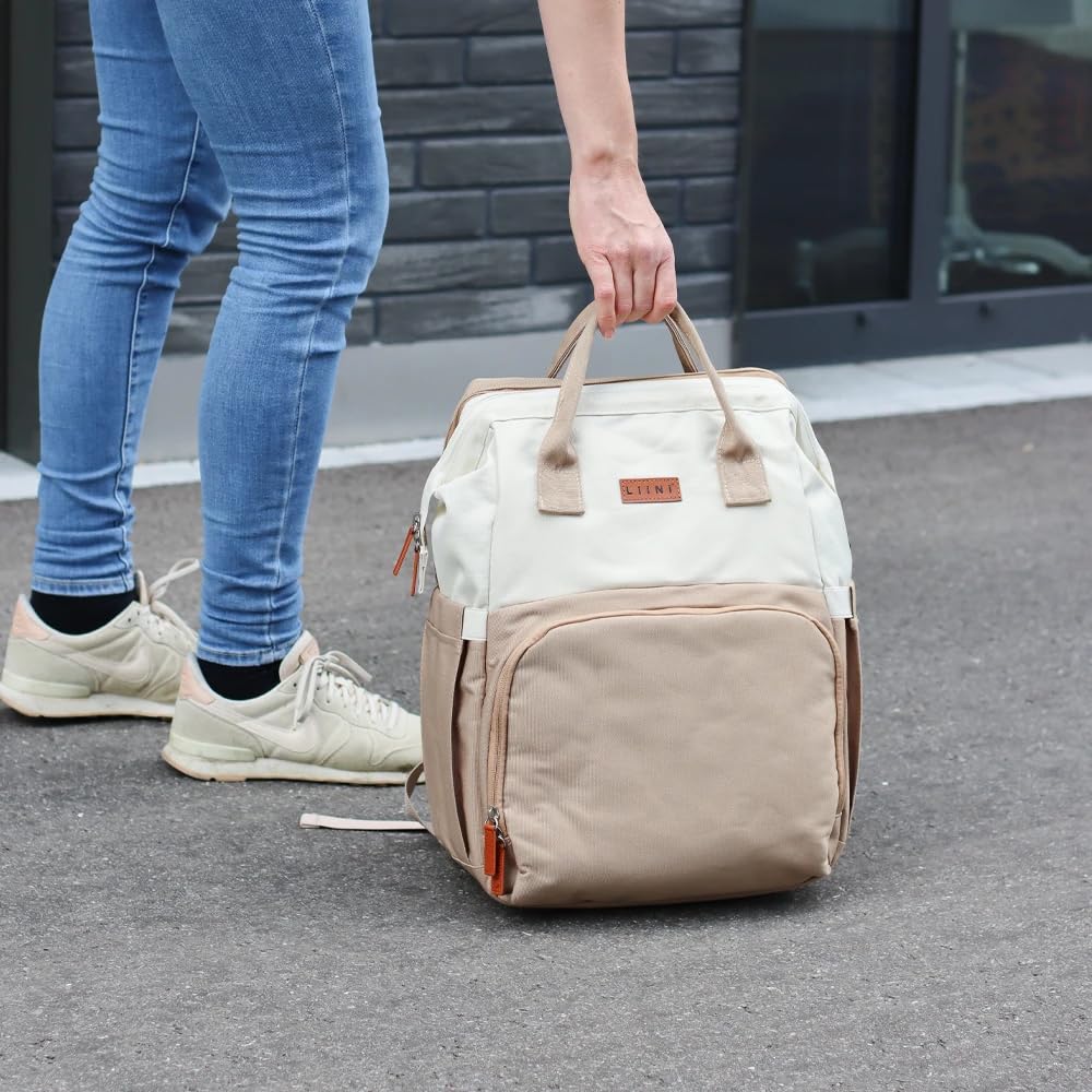 LIINI Sac à dos à langer beige rPET - 29 l - En bouteilles PET recyclées - Compartiment imperméable pour vêtements mouillés - Compartiments pour bouteilles isolés - Avec matelas à langer et crochets