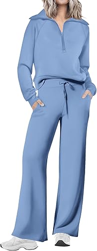 PRETTYGARDEN Conjunto de 2 piezas para mujer, sudadera casual con solapa y media cremallera y pantalones de pierna ancha
