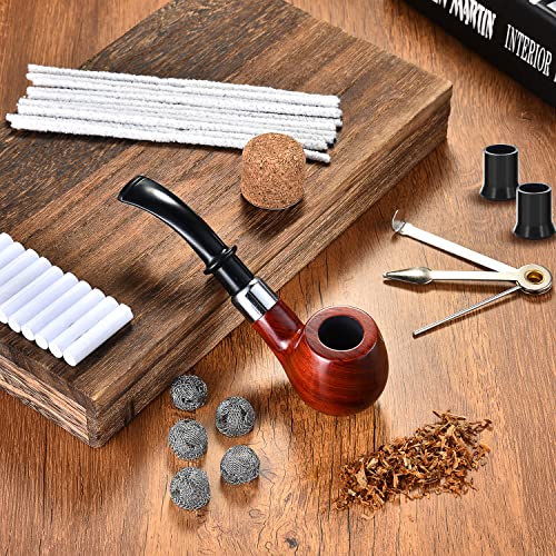 Tobacco Pipe Set, Handmade Wooden Straight Stem Smoking Pipe with Accessories (Filter Elements, Filter Balls, 3 in 1 Scraper, Pipe Cleaners, Pipe Tip Grips, Bag, Box) (Brown)