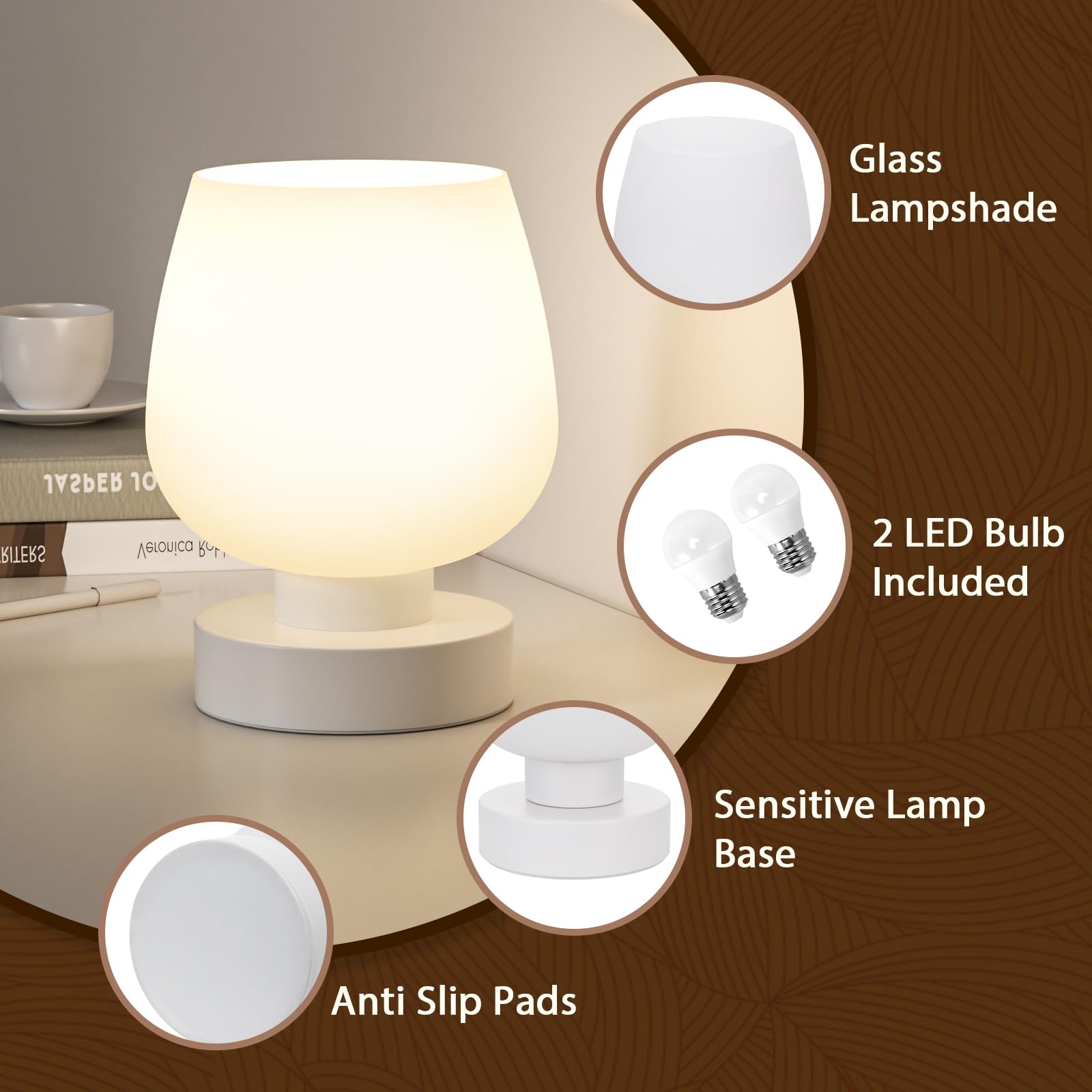 Touch Nachttischlampe 2er Set - Kleine Nachttischlampe für Schlafzimmer Wohnzimmer Nachttische, Schreibtischlampe mit weißem Glasschirm für kleine Räume, 3-Wege-Dimmbar, LED-Glühbirnen, Geschenke