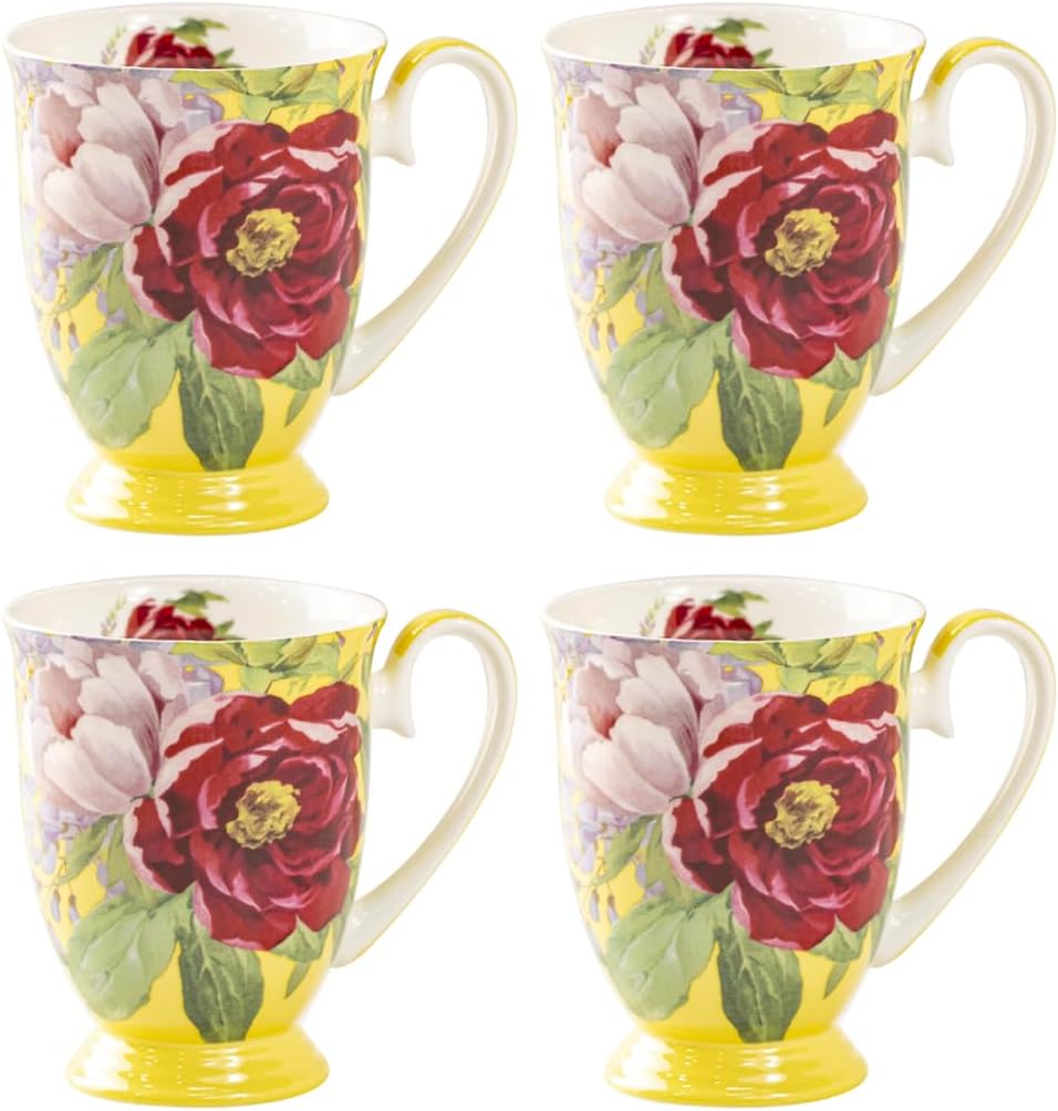 Gracie Bone China Peony Mist Footed Mugs, Set of 4 (Yellow)