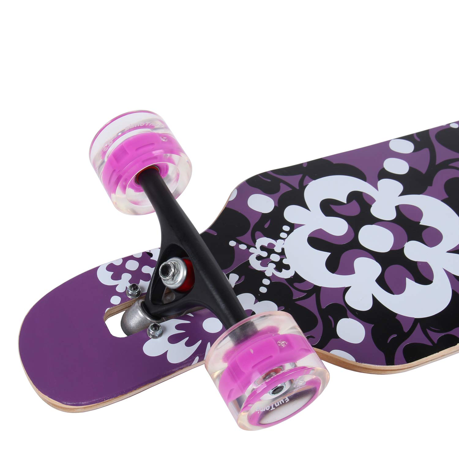 FunTomia Longboard complet Drop Through Cruiser avec roulements à billes Mach1 haute vitesse et clé en T - Avec et sans roues LED, 2283, Modèle Camber – bois d'érable violet fleur LED