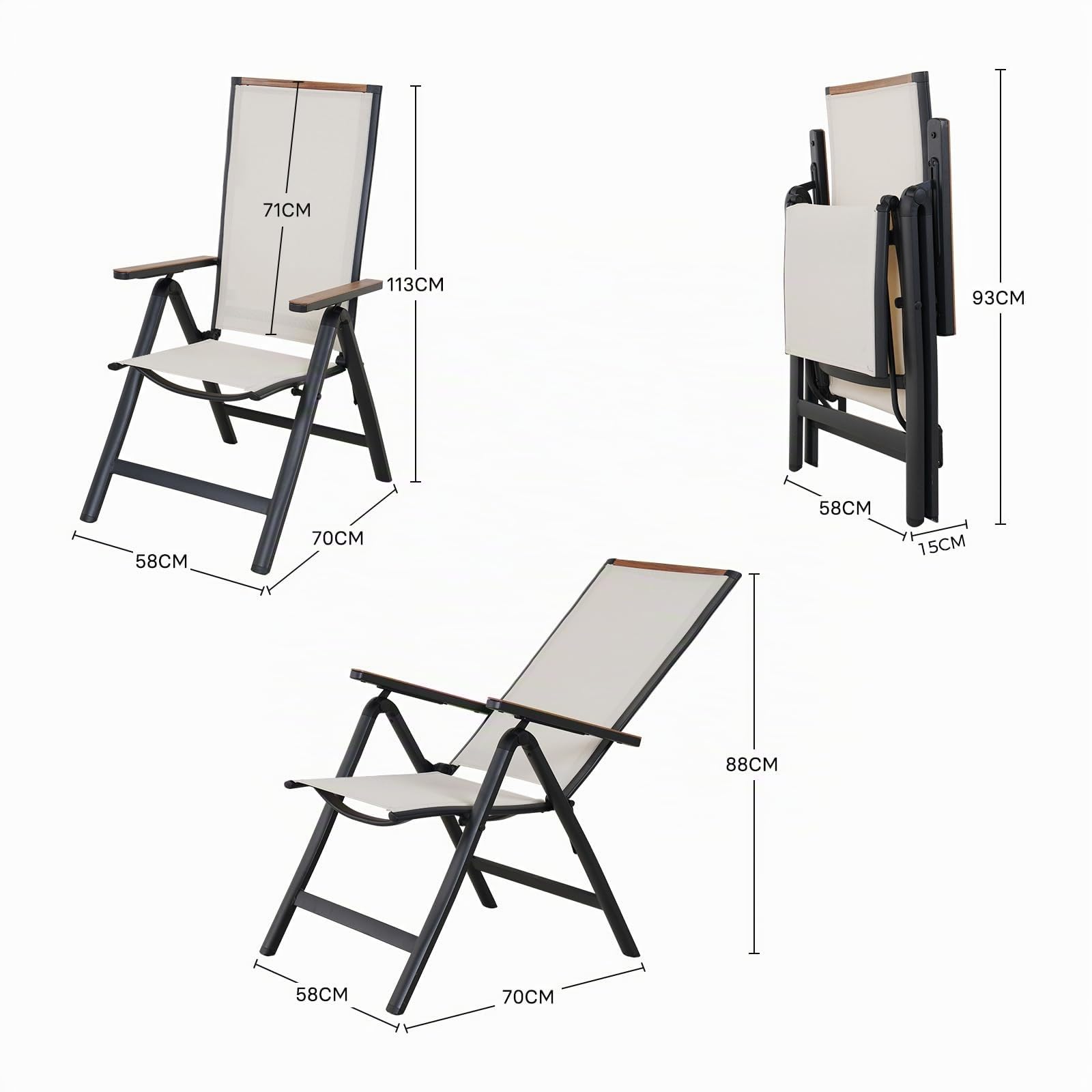 Grand patio Silla de jardín de Respaldo Alto, Plegable Silla de Aluminio, con Reposabrazos Resistentes, Ajustable de 6 Posiciones, Ligera, Portátil, Silla para Interiores (Beige)