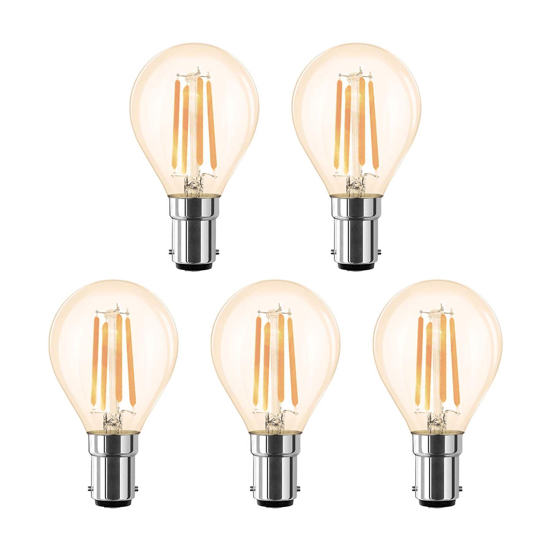 G.W.Sยฎ LED Filament Bulb, G45 B15 Small Bayonet, LED Globe Bulb, 4W Dimmable Warm White 2700K, Amber Glass, Pack of 5