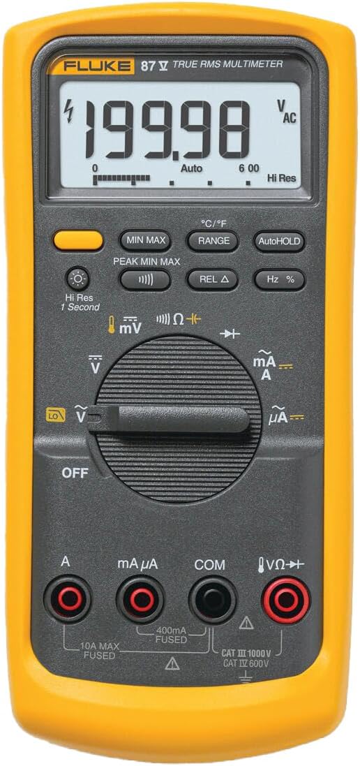 - 87V Industrial Digital Multimeter, for Advanced Troubleshooting, Measures 1000 V AC/DC, Peak Min/Max, Low Pass Filter, Includes TL75 Test Leads, AC175 Alligator Clips, 80BK Temp Probe