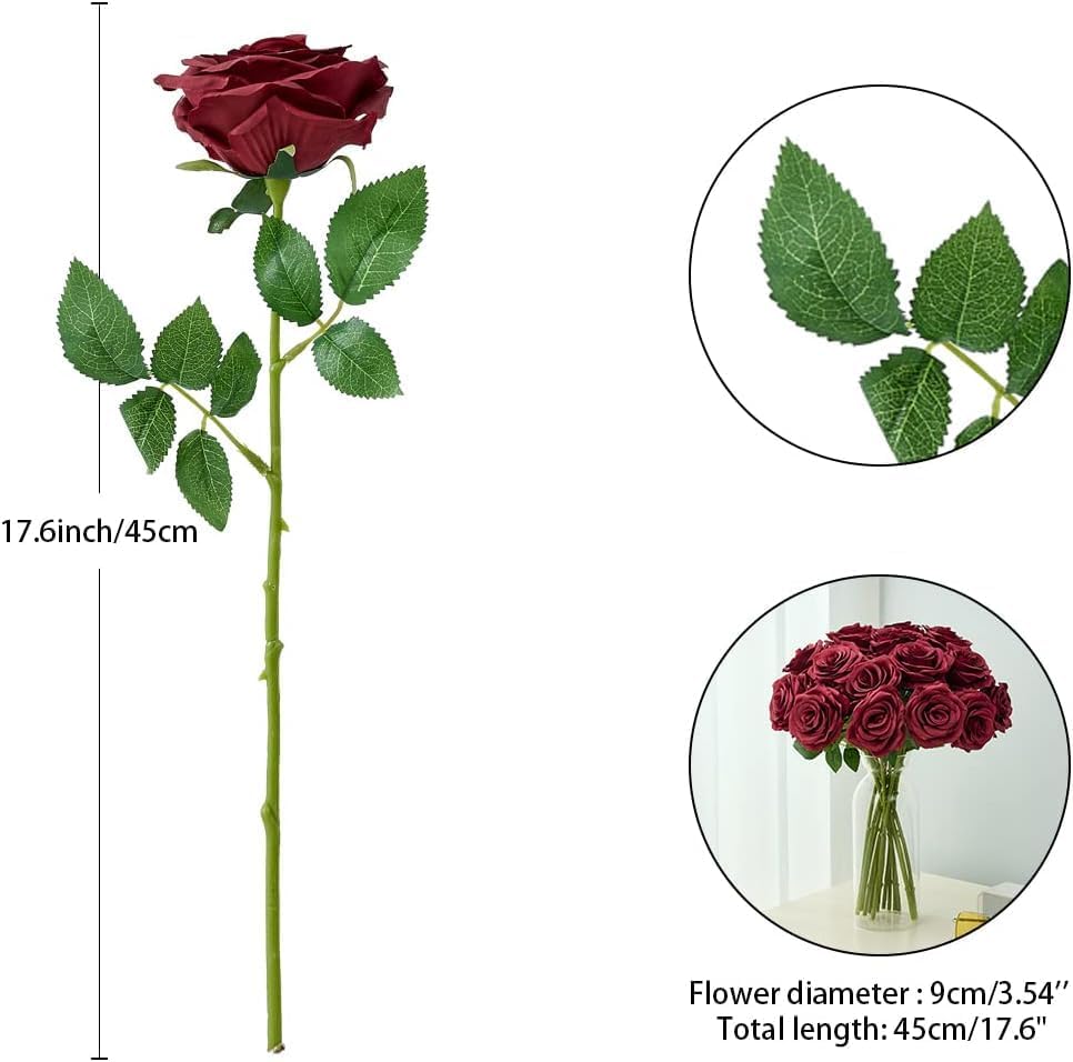 Carlita's Blooms 50pcs Burgundy Rose Artificial Silk Roses, Realistic, Long Lasting, Versatile for Weddings & Parties - Image 3