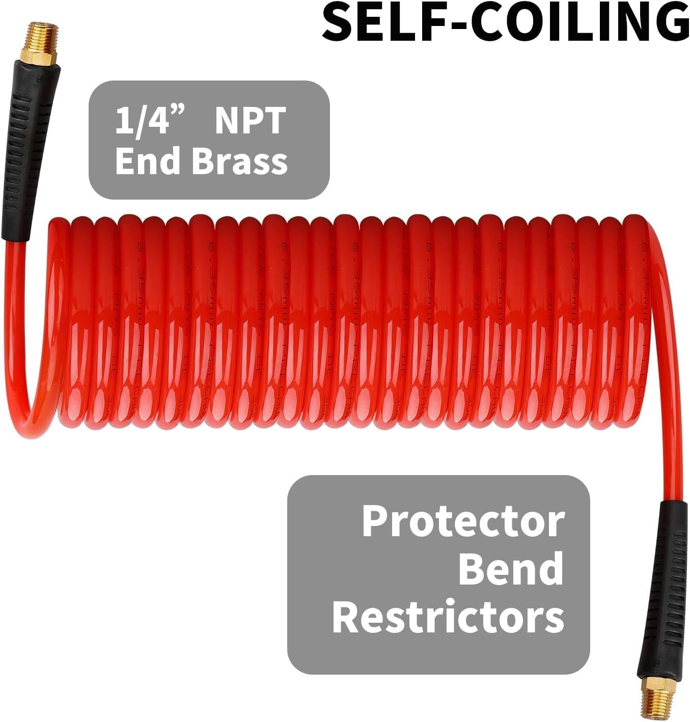1/4 in x 25 ft Polyurethane Recoil Air Hose with Bend Restrictors Compressor Hose with 1/4" Industrial Universal Quick Coupler and I/M Plug Kit, Red