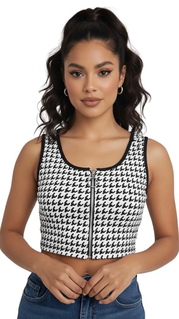 Women's Houndstooth Pattern Crop Top, Black and White, Front Zip Closure, Cotton Blend, Sleeveless Fitted Style, Scoop Neck Tank Top for Casual Wear-picture-51