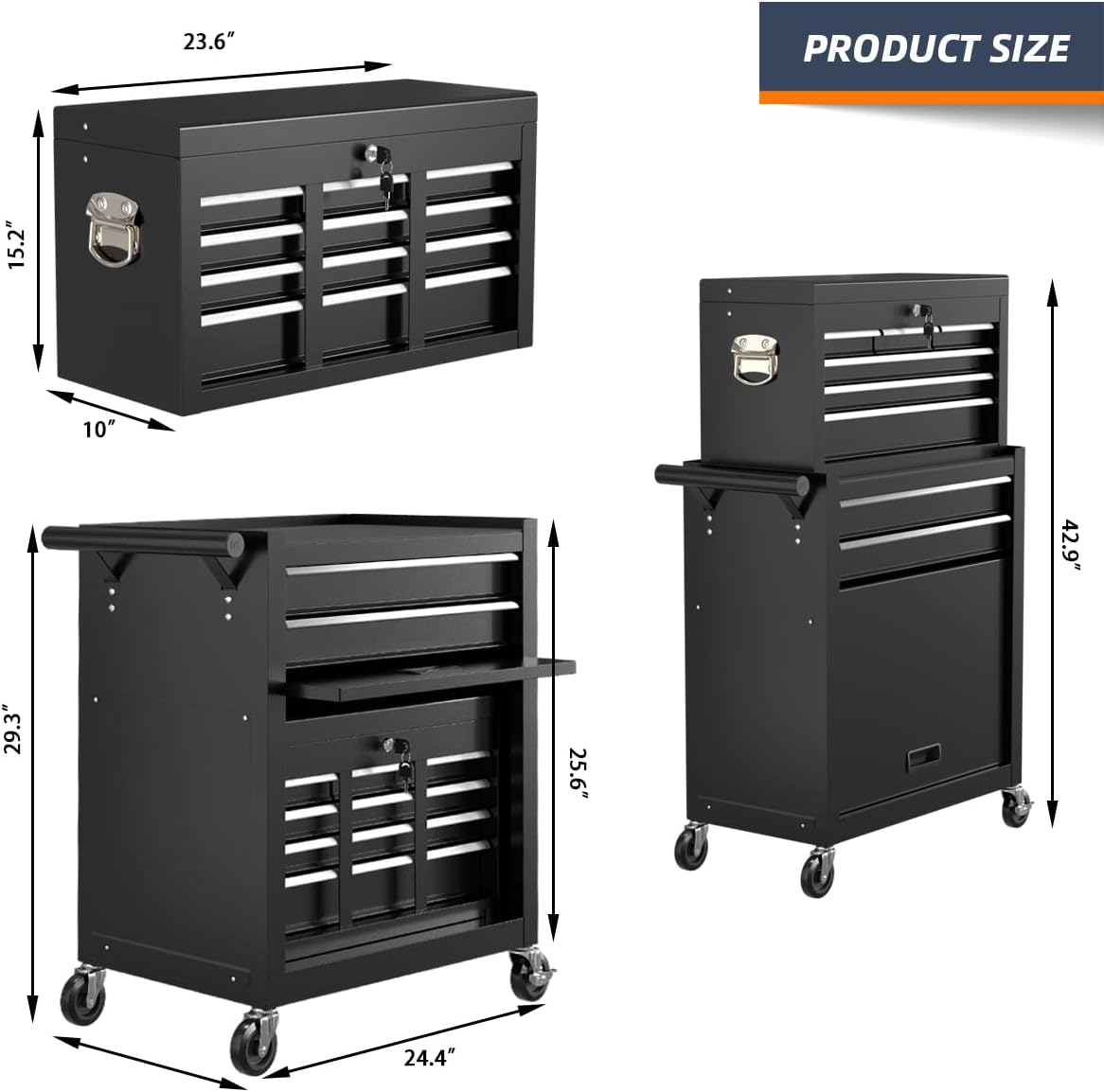 8-Drawer Rolling Tool Chest & Portable Tool Box with 2 Handles, Lockable Rolling Tool Box with 4 Hooks, Large Capacity Garage Storage Tool Cabinet for Warehouse, Repair Shop(Black)