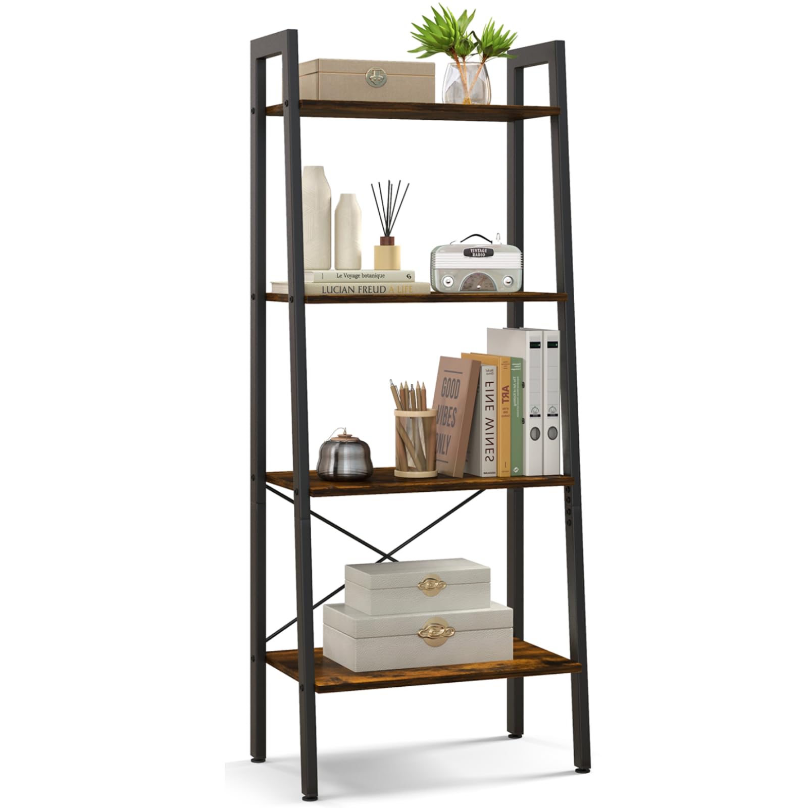 SFAREST Vintage Ladder Shelf, 4/6 Tiers Wooden Industrial Storage Rack with Adjustable Footpads, Home Office Display Bookshelf Plant Stand for Living Room Bedroom (56 x 32 x 138 cm, Rustic Brown)